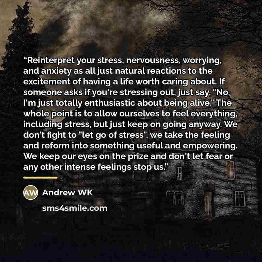 “Reinterpret your stress, nervousness, worrying, and anxiety as all just natural reactions to the excitement of having a life worth caring about. If someone asks if you're stressing out, just say, "No, I'm just totally enthusiastic about being alive." The whole point is to allow ourselves to feel…” quote by Andrew WK