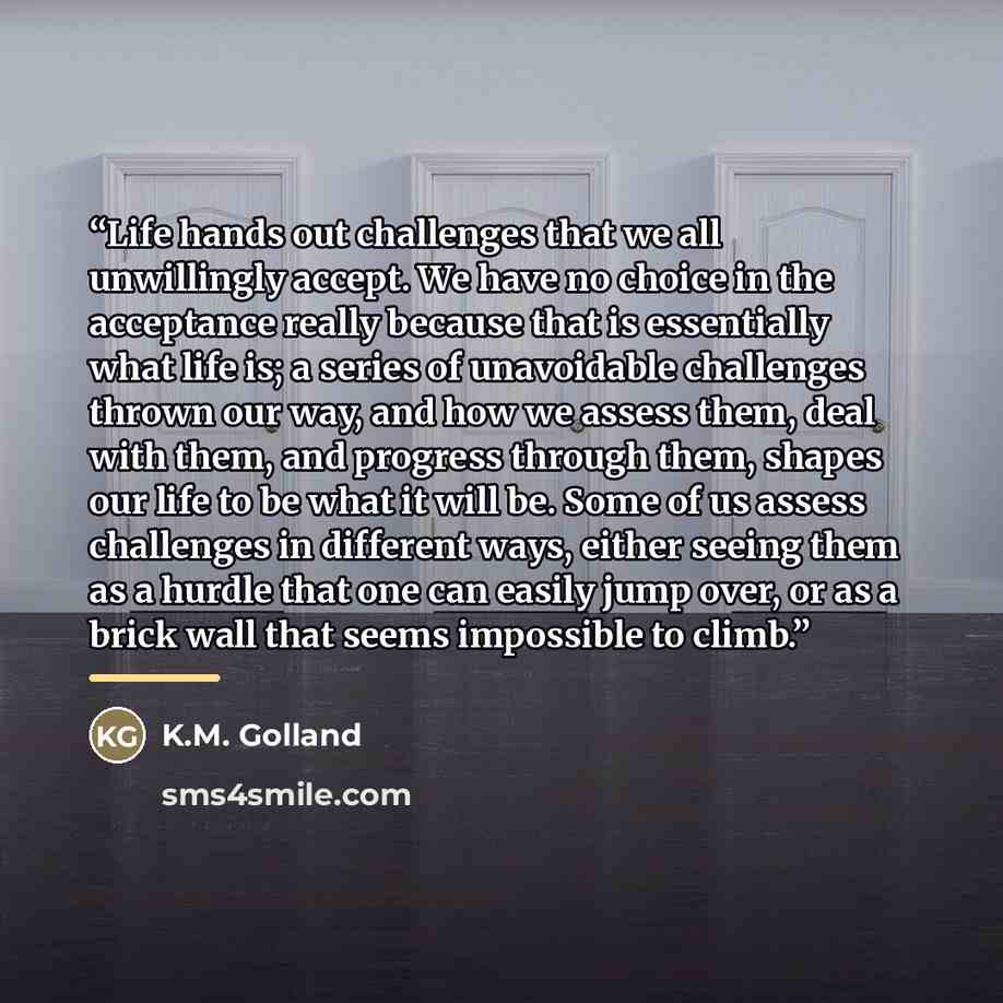 “Life hands out challenges that we all unwillingly accept. We have no choice in the acceptance really because that is essentially what life is; a series of unavoidable challenges thrown our way, and how we assess them, deal with them, and progress through them, shapes our life to be what it will…” quote by K.M. Golland