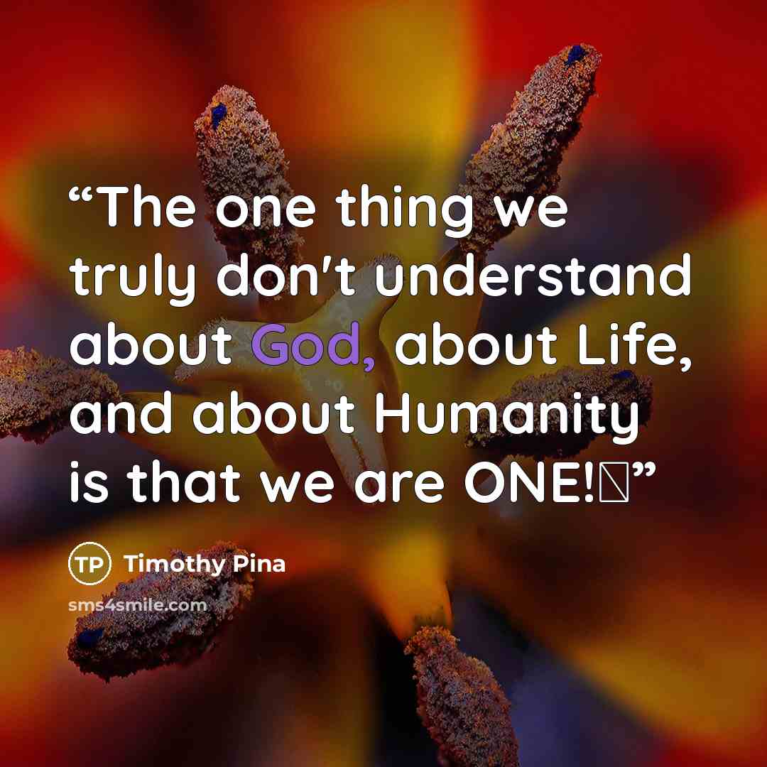 “The one thing we truly don't understand about God, about Life, and about Humanity is that we are ONE!✌” quote by Timothy Pina