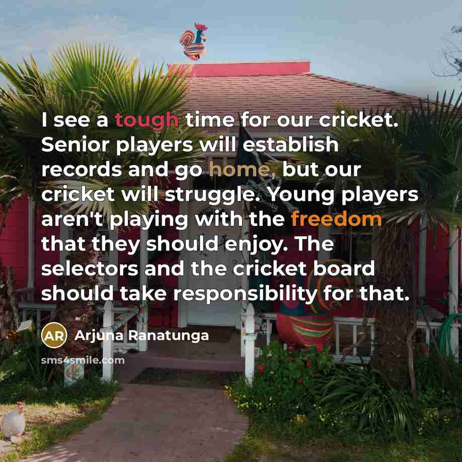 “I see a tough time for our cricket. Senior players will establish records and go home, but our cricket will struggle. Young players aren't playing with the freedom that they should enjoy. The selectors and the cricket board should take responsibility for that.” quote by Arjuna Ranatunga