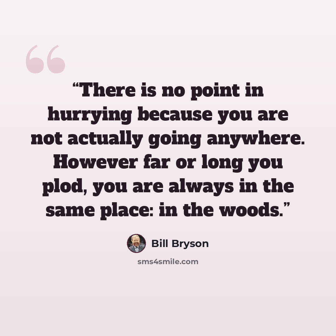 “There is no point in hurrying because you are not actually going anywhere. However far or long you plod, you are always in the same place: in the woods.” quote by Bill Bryson