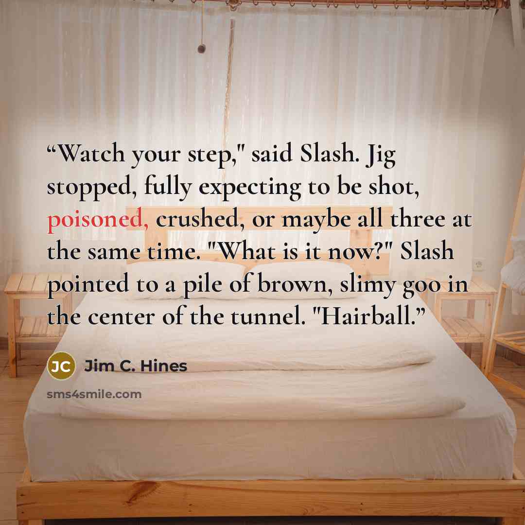 “Watch your step," said Slash. Jig stopped, fully expecting to be shot, poisoned, crushed, or maybe all three at the same time. "What is it now?" Slash pointed to a pile of brown, slimy goo in the center of the tunnel. "Hairball.” quote by Jim C. Hines