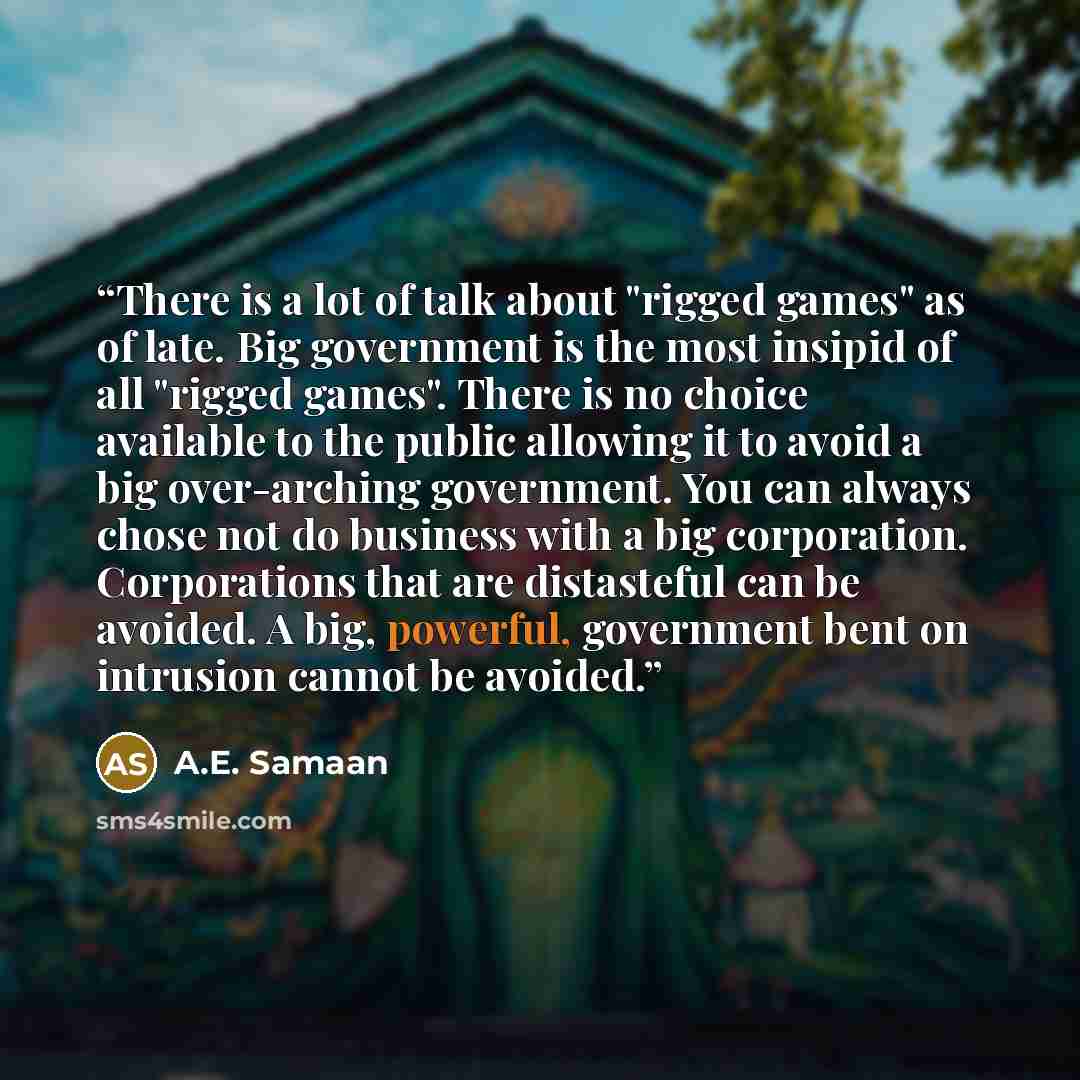 “There is a lot of talk about "rigged games" as of late. Big government is the most insipid of all "rigged games". There is no choice available to the public allowing it to avoid a big over-arching government. You can always chose not do business with a big corporation. Corporations that are…” quote by A.E. Samaan