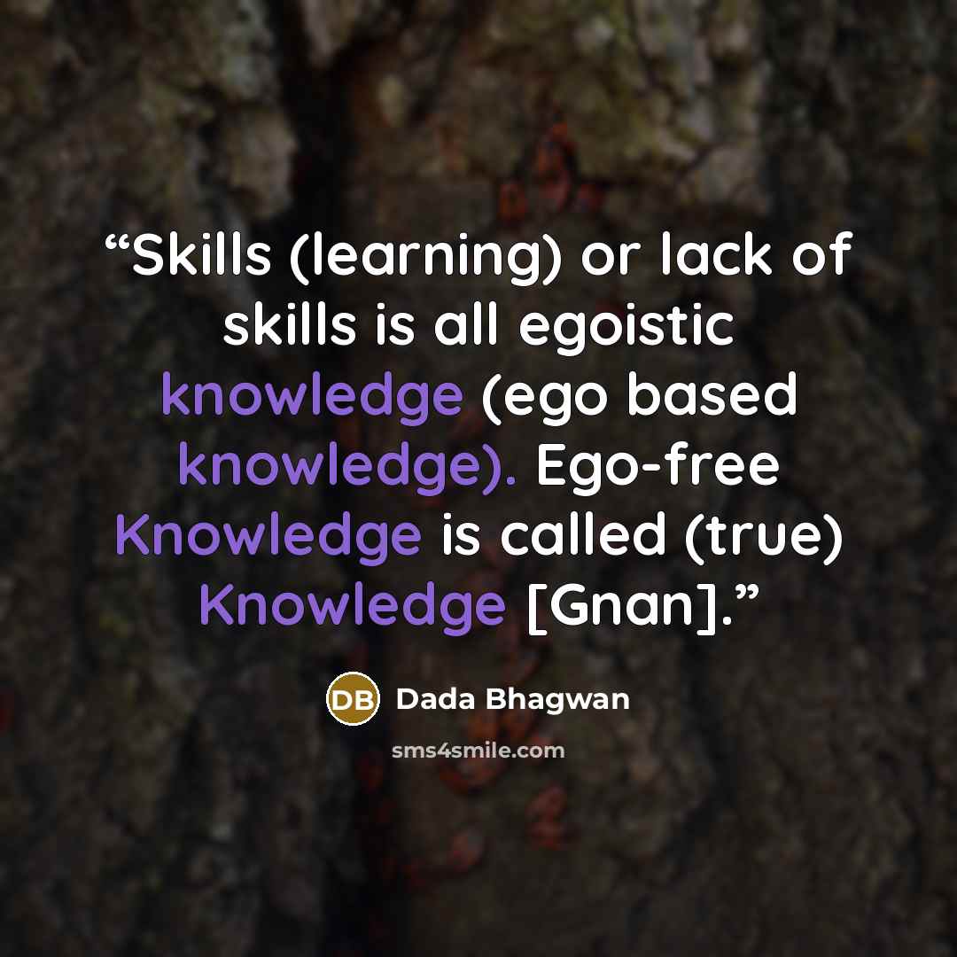 “Skills (learning) or lack of skills is all egoistic knowledge (ego based knowledge). Ego-free Knowledge is called (true) Knowledge [Gnan].” quote by Dada Bhagwan