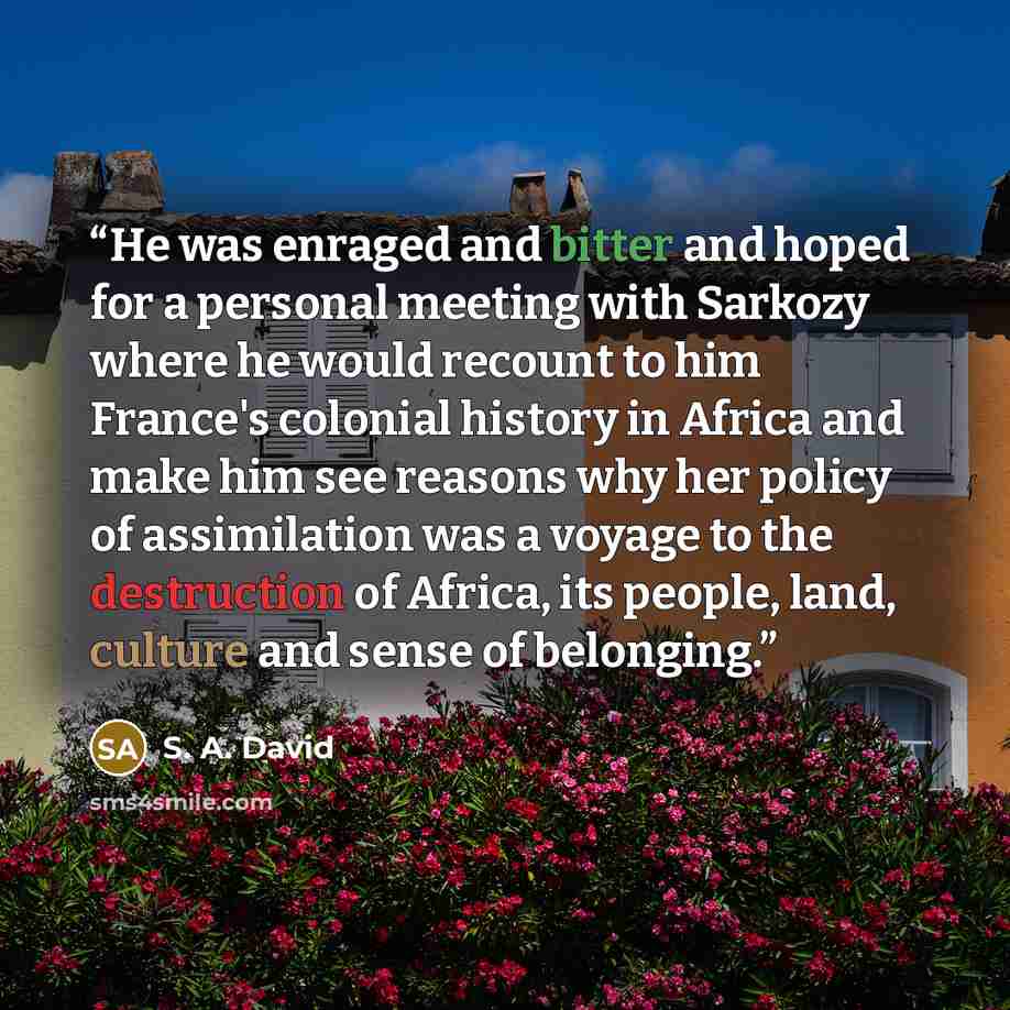 “He was enraged and bitter and hoped for a personal meeting with Sarkozy where he would recount to him France's colonial history in Africa and make him see reasons why her policy of assimilation was a voyage to the destruction of Africa, its people, land, culture and sense of belonging.” quote by S. A. David