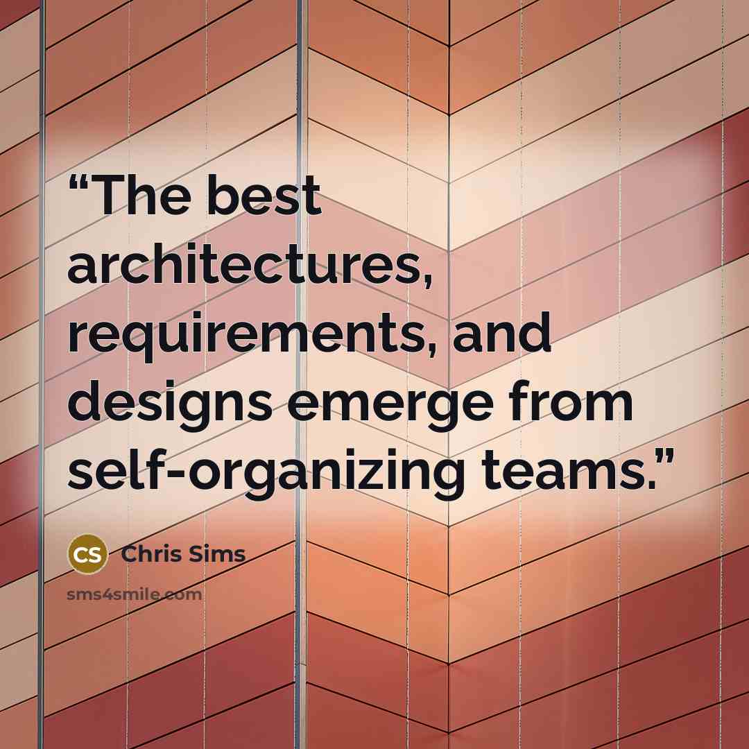 “The best architectures, requirements, and designs emerge from self-organizing teams.” quote by Chris Sims