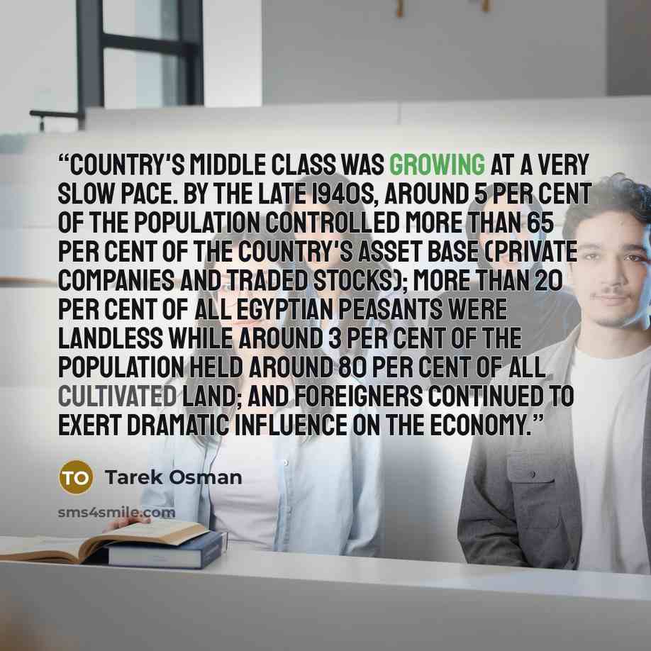 “country's middle class was growing at a very slow pace. By the late 1940s, around 5 per cent of the population controlled more than 65 per cent of the country's asset base (private companies and traded stocks); more than 20 per cent of all Egyptian peasants were landless while around 3 per cent of…” quote by Tarek Osman