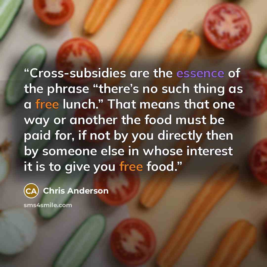 “Cross-subsidies are the essence of the phrase “there’s no such thing as a free lunch.” That means that one way or another the food must be paid for, if not by you directly then by someone else in whose interest it is to give you free food.” quote by Chris Anderson