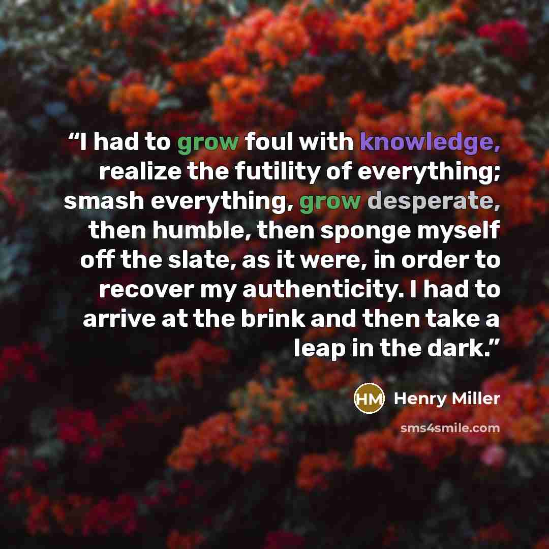 “I had to grow foul with knowledge, realize the futility of everything; smash everything, grow desperate, then humble, then sponge myself off the slate, as it were, in order to recover my authenticity. I had to arrive at the brink and then take a leap in the dark.” quote by Henry Miller