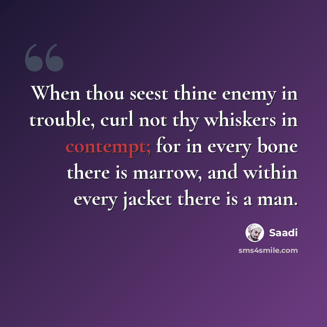 “When thou seest thine enemy in trouble, curl not thy whiskers in contempt; for in every bone there is marrow, and within every jacket there is a man.” quote by Saadi