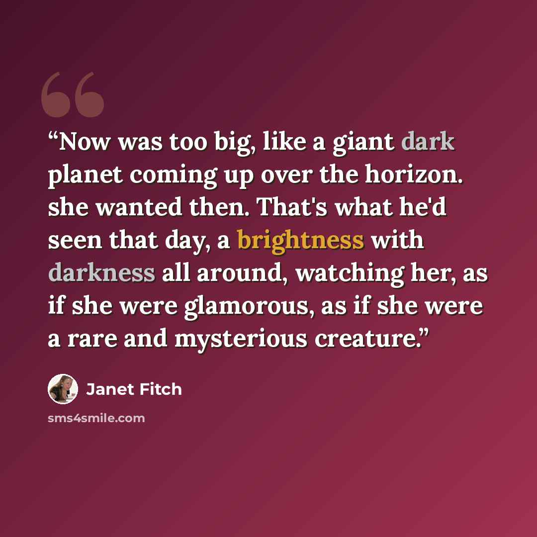 “Now was too big, like a giant dark planet coming up over the horizon. she wanted then. That's what he'd seen that day, a brightness with darkness all around, watching her, as if she were glamorous, as if she were a rare and mysterious creature.” quote by Janet Fitch