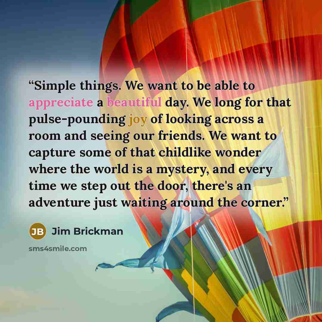 “Simple things. We want to be able to appreciate a beautiful day. We long for that pulse-pounding joy of looking across a room and seeing our friends. We want to capture some of that childlike wonder where the world is a mystery, and every time we step out the door, there's an adventure just…” quote by Jim Brickman