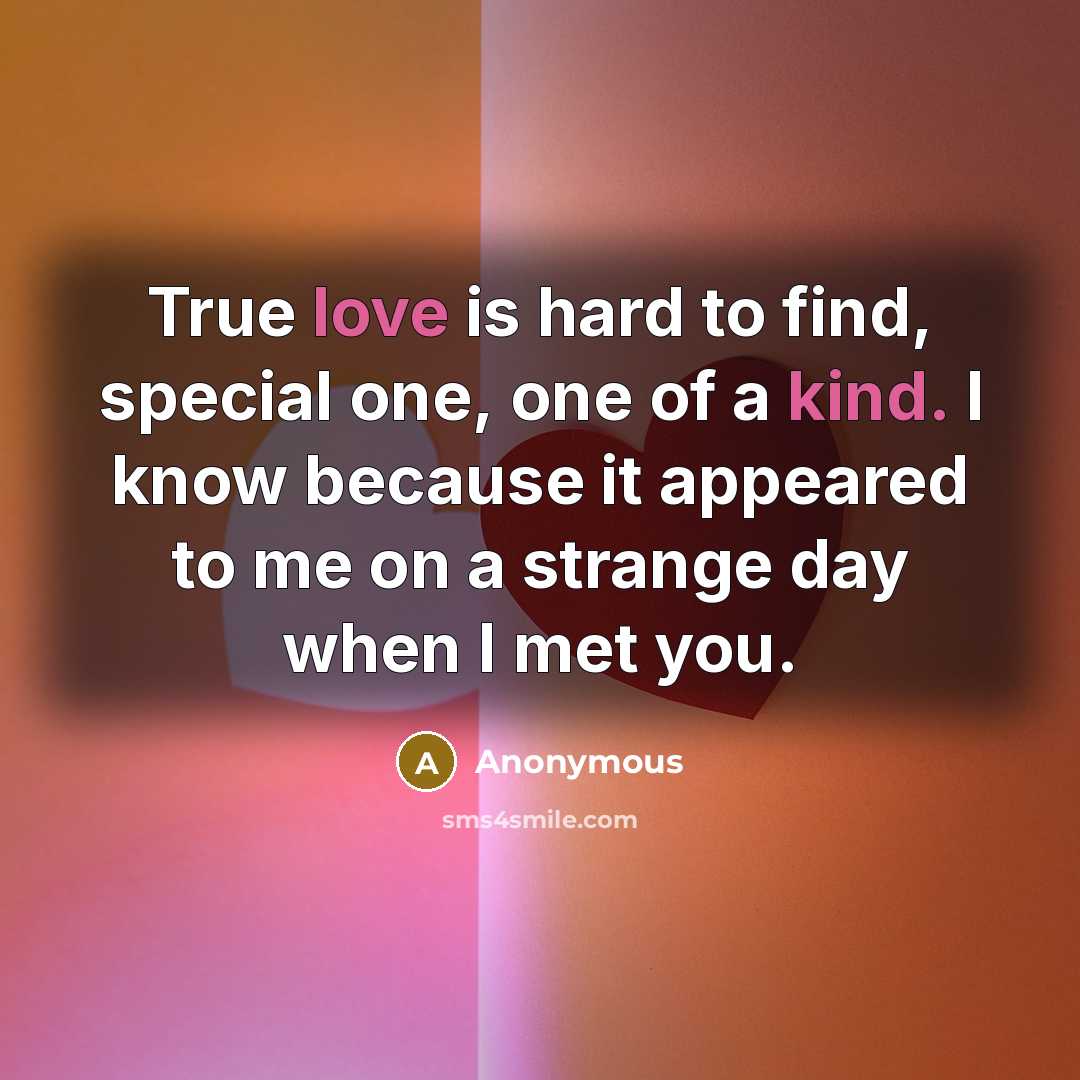 “True love is hard to find, special one, one of a kind. I know because it appeared to me on a strange day when I met you.” quote by Anonymous