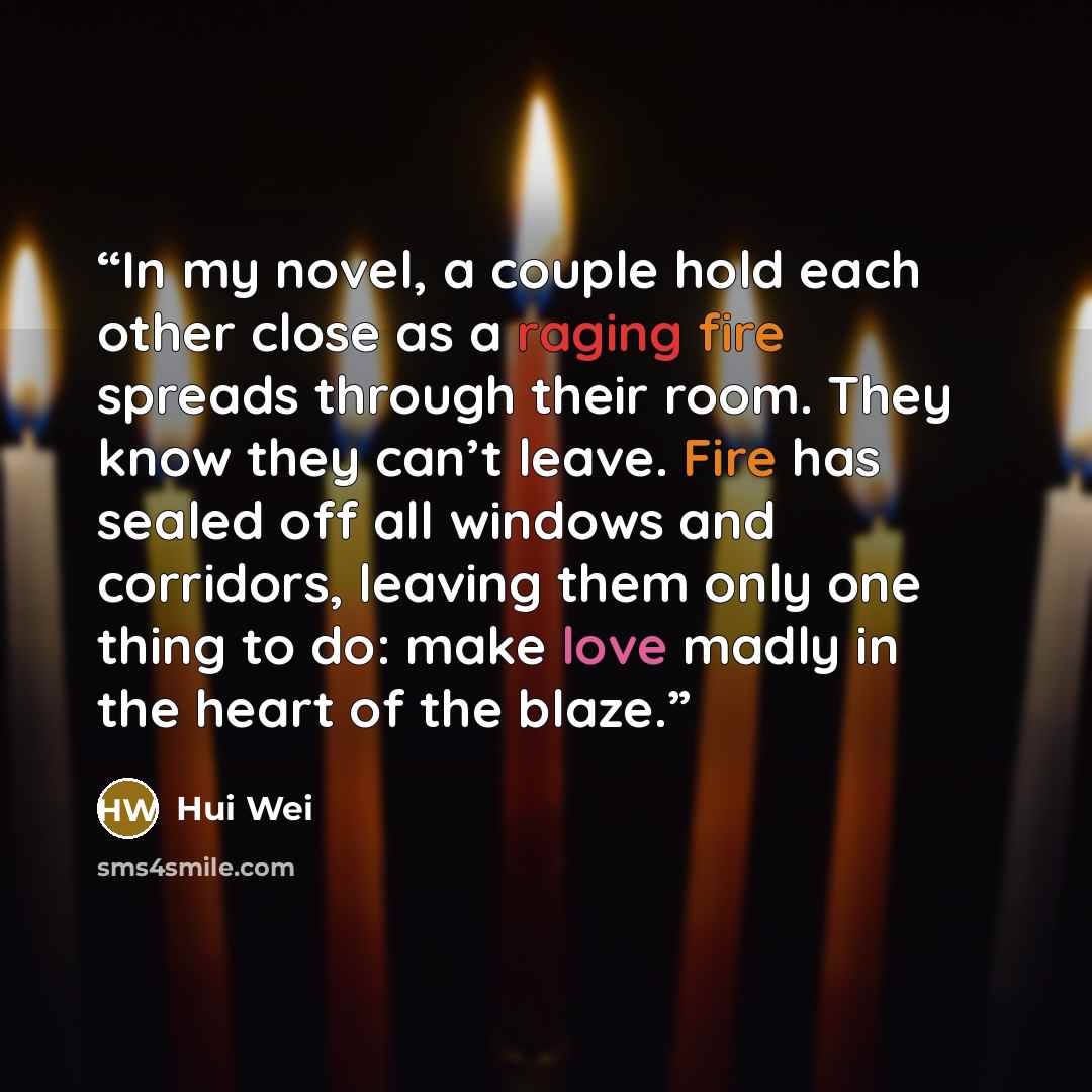 “In my novel, a couple hold each other close as a raging fire spreads through their room. They know they can’t leave. Fire has sealed off all windows and corridors, leaving them only one thing to do: make love madly in the heart of the blaze.” quote by Hui Wei