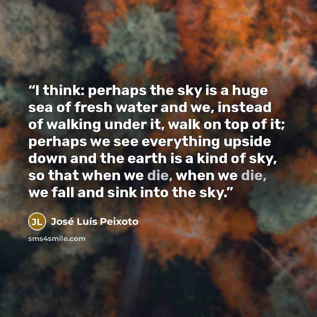 “I think: perhaps the sky is a huge sea of fresh water and we, instead of walking under it, walk on top of it; perhaps we see everything upside down and the earth is a kind of sky, so that when we die, when we die, we fall and sink into the sky.” quote by José Luís Peixoto
