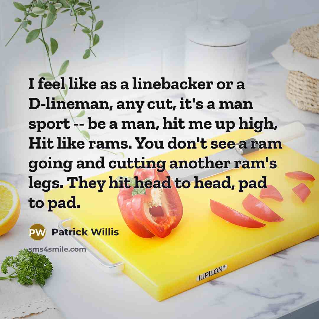 “I feel like as a linebacker or a D-lineman, any cut, it's a man sport -- be a man, hit me up high, Hit like rams. You don't see a ram going and cutting another ram's legs. They hit head to head, pad to pad.” quote by Patrick Willis