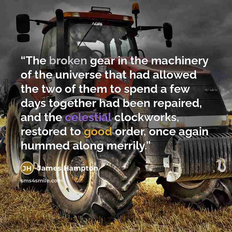 “The broken gear in the machinery of the universe that had allowed the two of them to spend a few days together had been repaired, and the celestial clockworks, restored to good order, once again hummed along merrily.” quote by James Hampton