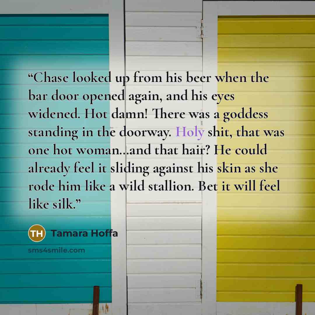 “Chase looked up from his beer when the bar door opened again, and his eyes widened. Hot damn! There was a goddess standing in the doorway. Holy shit, that was one hot woman…and that hair? He could already feel it sliding against his skin as she rode him like a wild stallion. Bet it will feel like…” quote by Tamara Hoffa