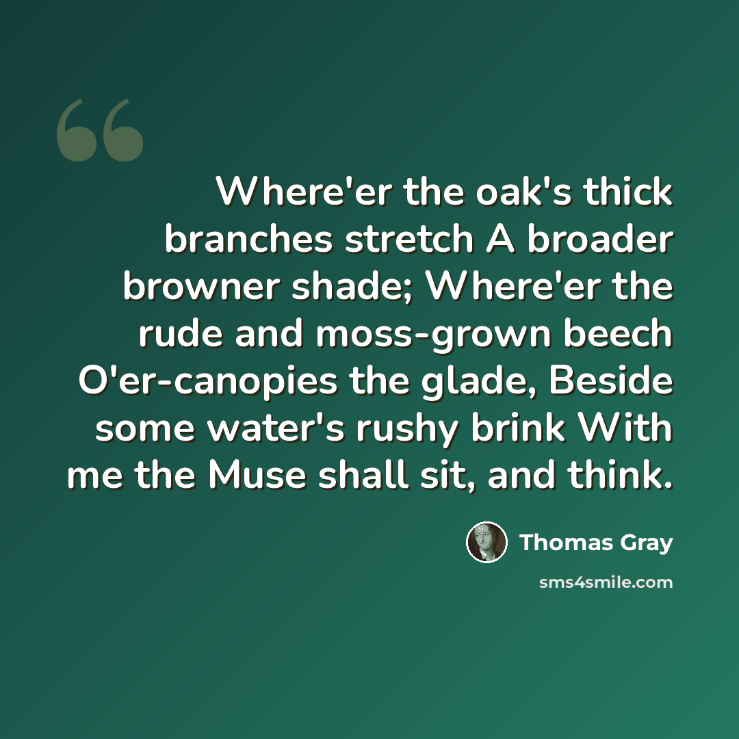 “Where'er the oak's thick branches stretch A broader browner shade; Where'er the rude and moss-grown beech O'er-canopies the glade, Beside some water's rushy brink With me the Muse shall sit, and think.” quote by Thomas Gray