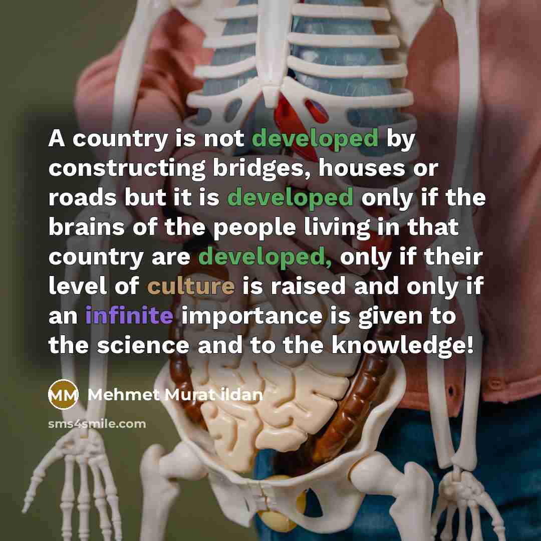 “A country is not developed by constructing bridges, houses or roads but it is developed only if the brains of the people living in that country are developed, only if their level of culture is raised and only if an infinite importance is given to the science and to the knowledge!” quote by Mehmet Murat Ildan