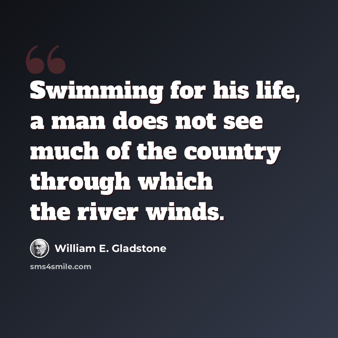 “Swimming for his life, a man does not see much of the country through which the river winds.” quote by William E. Gladstone