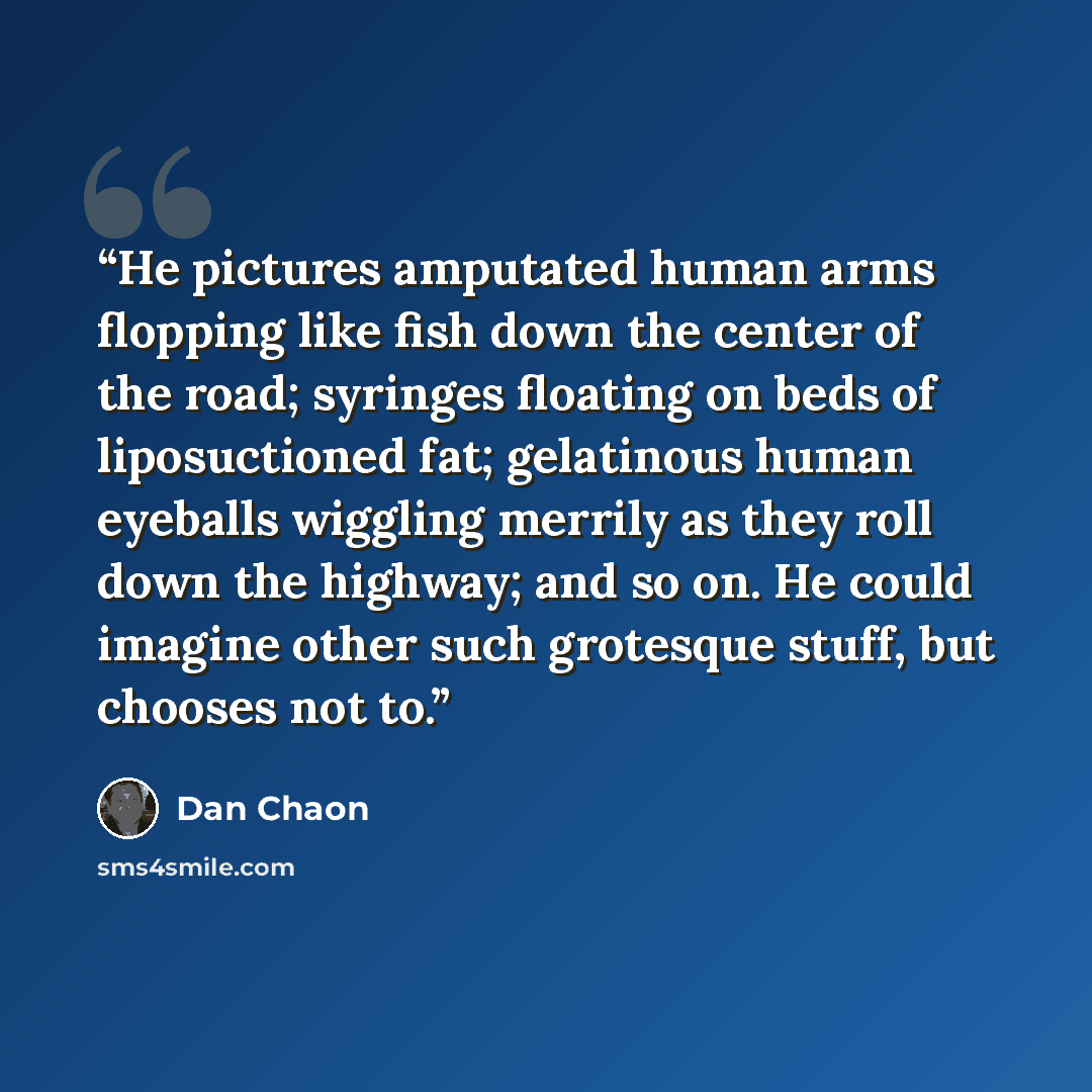 “He pictures amputated human arms flopping like fish down the center of the road; syringes floating on beds of liposuctioned fat; gelatinous human eyeballs wiggling merrily as they roll down the highway; and so on. He could imagine other such grotesque stuff, but chooses not to.” quote by Dan Chaon