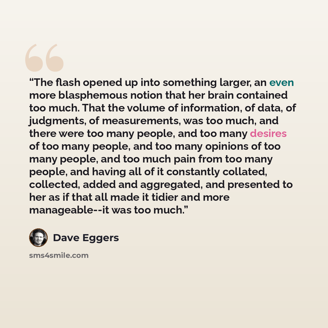 “The flash opened up into something larger, an even more blasphemous notion that her brain contained too much. That the volume of information, of data, of judgments, of measurements, was too much, and there were too many people, and too many desires of too many people, and too many opinions of too…” quote by Dave Eggers