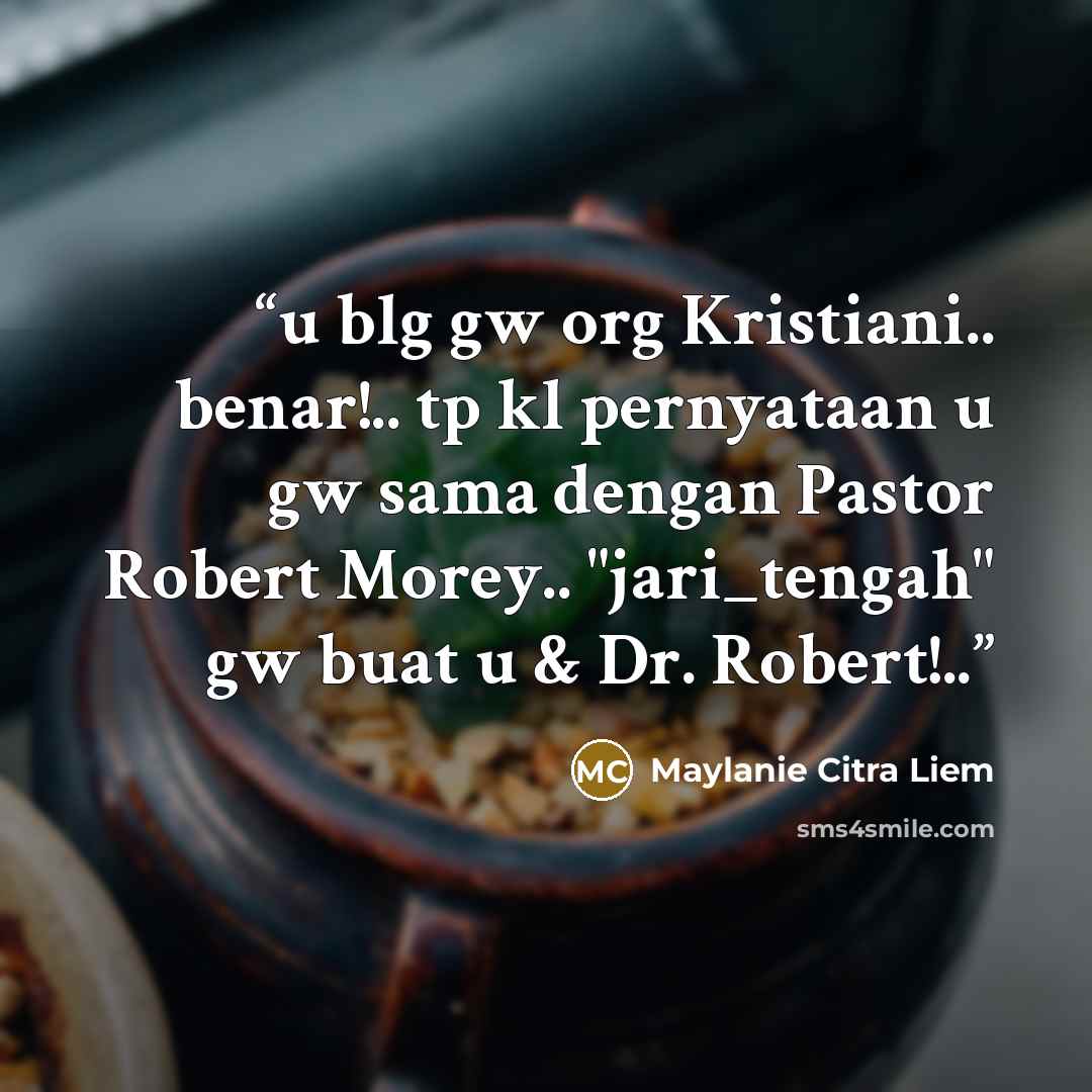 “u blg gw org Kristiani.. benar!.. tp kl pernyataan u gw sama dengan Pastor Robert Morey.. "jari_tengah" gw buat u & Dr. Robert!..” quote by Maylanie Citra Liem