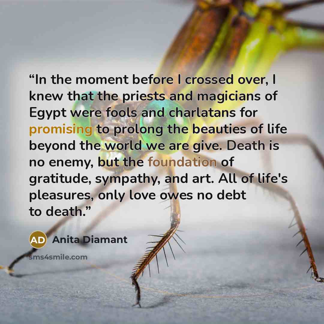 “In the moment before I crossed over, I knew that the priests and magicians of Egypt were fools and charlatans for promising to prolong the beauties of life beyond the world we are give. Death is no enemy, but the foundation of gratitude, sympathy, and art. All of life's pleasures, only love owes…” quote by Anita Diamant