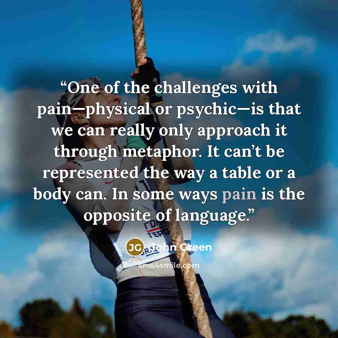 “One of the challenges with pain—physical or psychic—is that we can really only approach it through metaphor. It can’t be represented the way a table or a body can. In some ways pain is the opposite of language.” quote by John Green