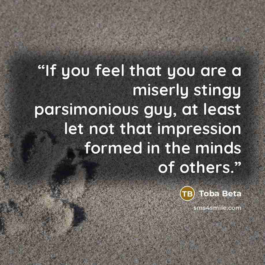 “If you feel that you are a miserly stingy parsimonious guy, at least let not that impression formed in the minds of others.” quote by Toba Beta