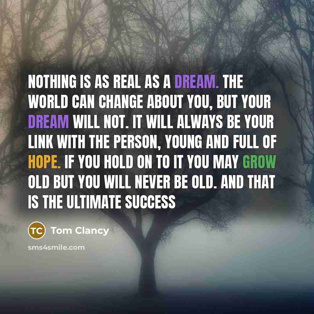 “Nothing is as real as a dream. The world can change about you, but your dream will not. It will always be your link with the person, young and full of hope. If you hold on to it you may grow old but you will never be old. And that is the ultimate success” quote by Tom Clancy