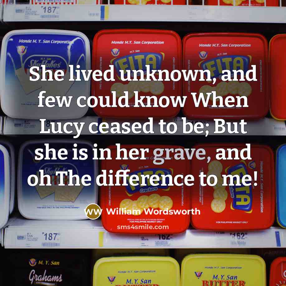 “She lived unknown, and few could know When Lucy ceased to be; But she is in her grave, and oh The difference to me!” quote by William Wordsworth