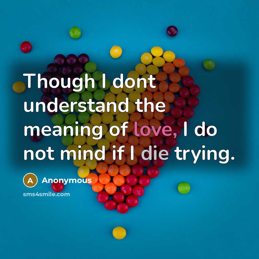 “Though I dont understand the meaning of love, I do not mind if I die trying.” quote by Anonymous