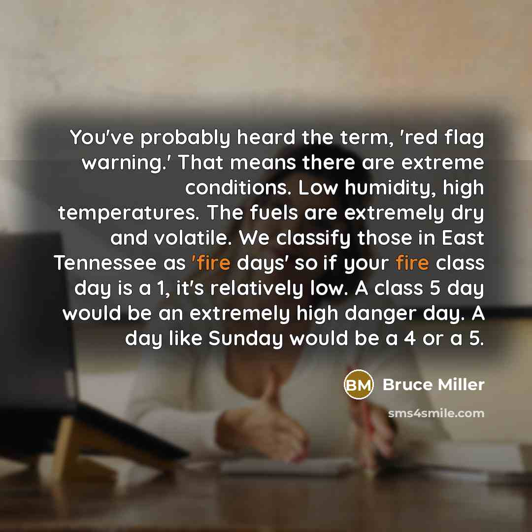 “You've probably heard the term, 'red flag warning.' That means there are extreme conditions. Low humidity, high temperatures. The fuels are extremely dry and volatile. We classify those in East Tennessee as 'fire days' so if your fire class day is a 1, it's relatively low. A class 5 day would be…” quote by Bruce Miller
