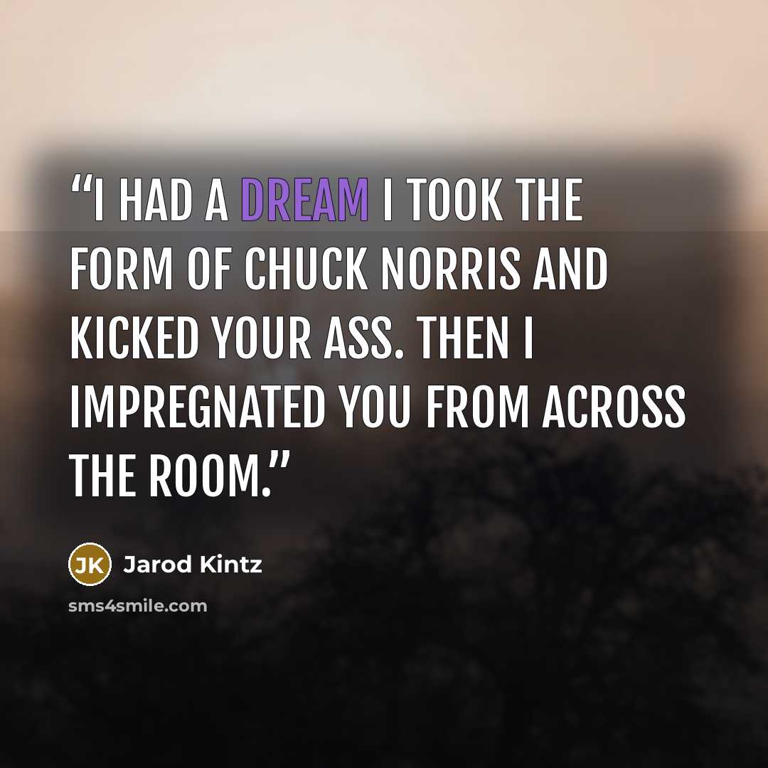 “I had a dream I took the form of Chuck Norris and kicked your ass. Then I impregnated you from across the room.” quote by Jarod Kintz