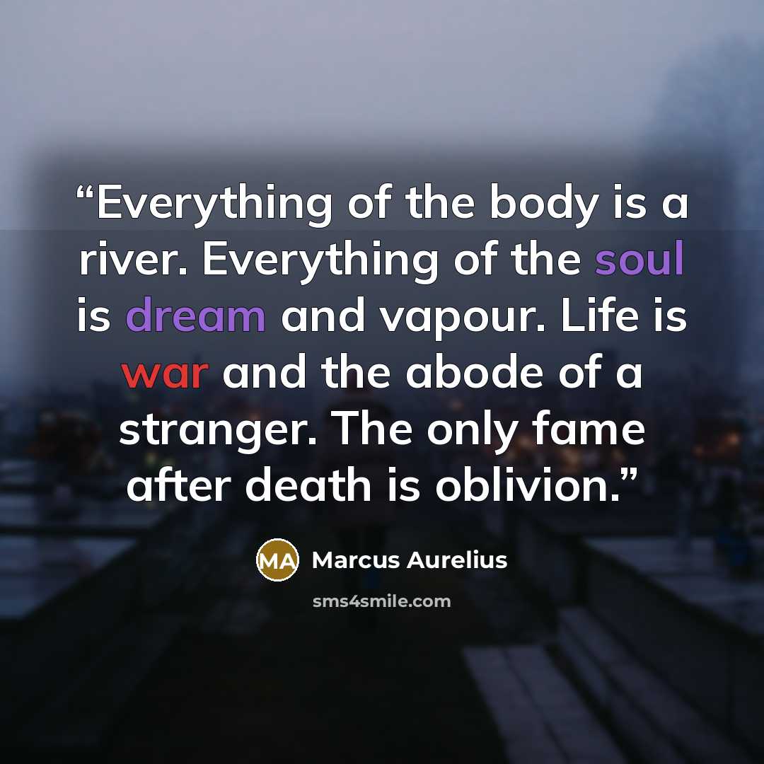 “Everything of the body is a river. Everything of the soul is dream and vapour. Life is war and the abode of a stranger. The only fame after death is oblivion.” quote by Marcus Aurelius