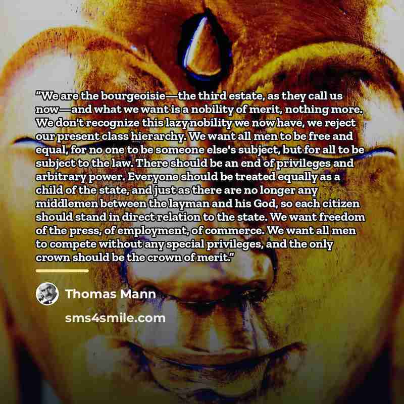 “We are the bourgeoisie—the third estate, as they call us now—and what we want is a nobility of merit, nothing more. We don't recognize this lazy nobility we now have, we reject our present class hierarchy. We want all men to be free and equal, for no one to be someone else's subject, but for all…” quote by Thomas Mann
