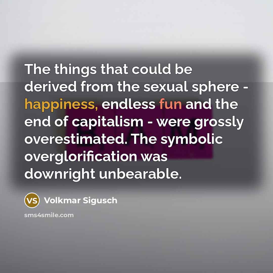 “The things that could be derived from the sexual sphere - happiness, endless fun and the end of capitalism - were grossly overestimated. The symbolic overglorification was downright unbearable.” quote by Volkmar Sigusch