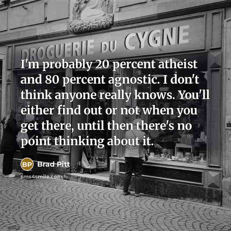 “I'm probably 20 percent atheist and 80 percent agnostic. I don't think anyone really knows. You'll either find out or not when you get there, until then there's no point thinking about it.” quote by Brad Pitt