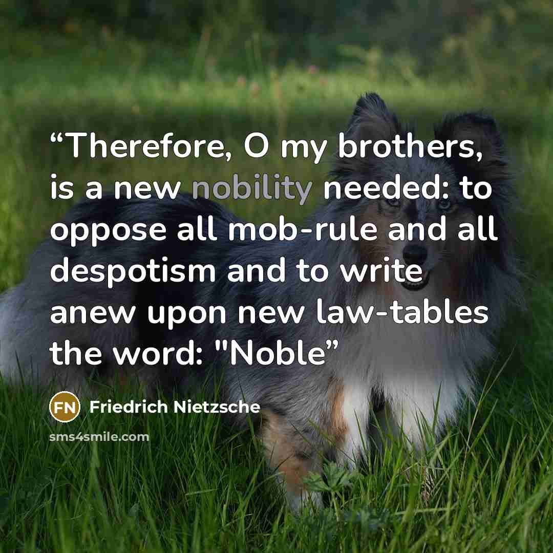 “Therefore, O my brothers, is a new nobility needed: to oppose all mob-rule and all despotism and to write anew upon new law-tables the word: "Noble” quote by Friedrich Nietzsche