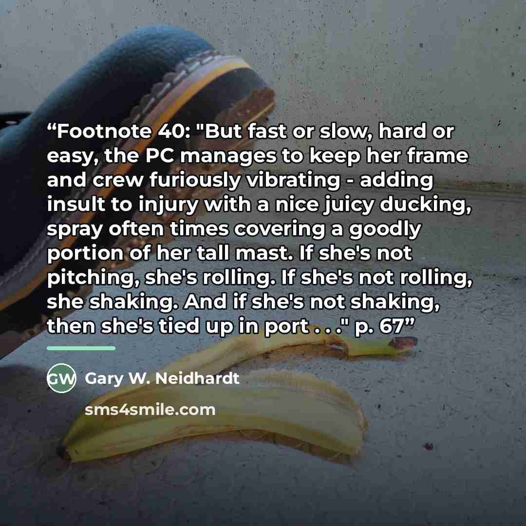 “Footnote 40: "But fast or slow, hard or easy, the PC manages to keep her frame and crew furiously vibrating - adding insult to injury with a nice juicy ducking, spray often times covering a goodly portion of her tall mast. If she's not pitching, she's rolling. If she's not rolling, she shaking…” quote by Gary W. Neidhardt