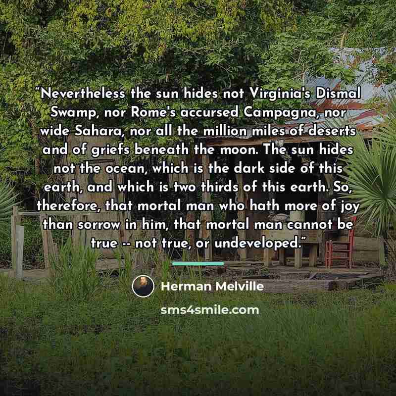 “Nevertheless the sun hides not Virginia's Dismal Swamp, nor Rome's accursed Campagna, nor wide Sahara, nor all the million miles of deserts and of griefs beneath the moon. The sun hides not the ocean, which is the dark side of this earth, and which is two thirds of this earth. So, therefore, that…” quote by Herman Melville