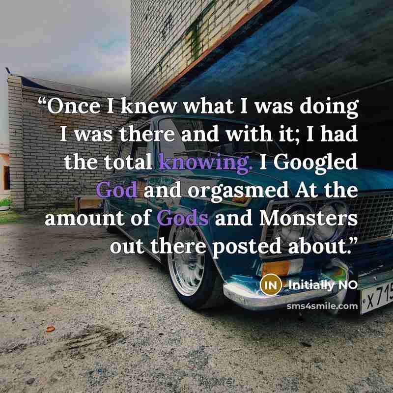 “Once I knew what I was doing I was there and with it; I had the total knowing. I Googled God and orgasmed At the amount of Gods and Monsters out there posted about.” quote by Initially NO