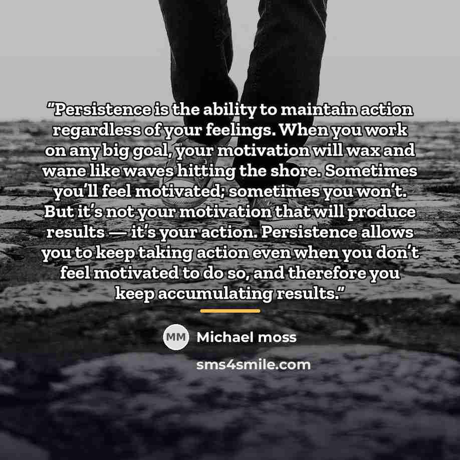 “Persistence is the ability to maintain action regardless of your feelings. When you work on any big goal, your motivation will wax and wane like waves hitting the shore. Sometimes you’ll feel motivated; sometimes you won’t. But it’s not your motivation that will produce results — it’s your action…” quote by Michael Moss