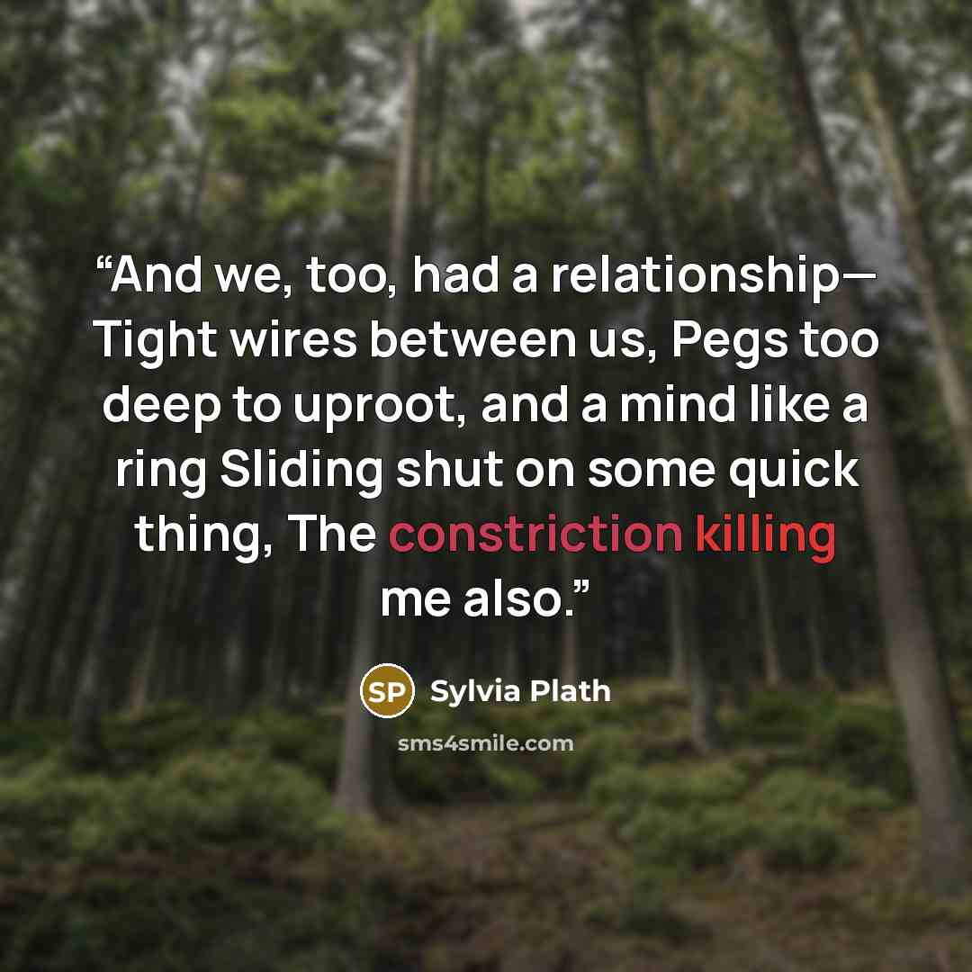“And we, too, had a relationship— Tight wires between us, Pegs too deep to uproot, and a mind like a ring Sliding shut on some quick thing, The constriction killing me also.” quote by Sylvia Plath