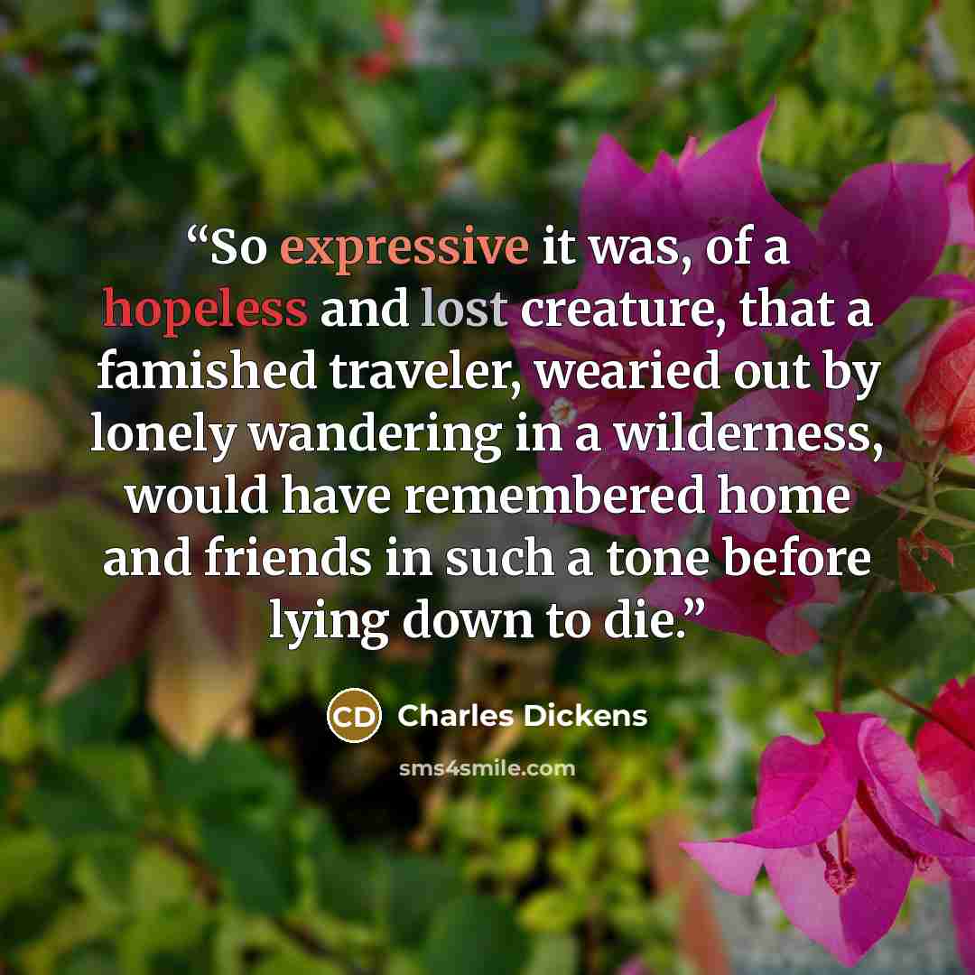 “So expressive it was, of a hopeless and lost creature, that a famished traveler, wearied out by lonely wandering in a wilderness, would have remembered home and friends in such a tone before lying down to die.” quote by Charles Dickens