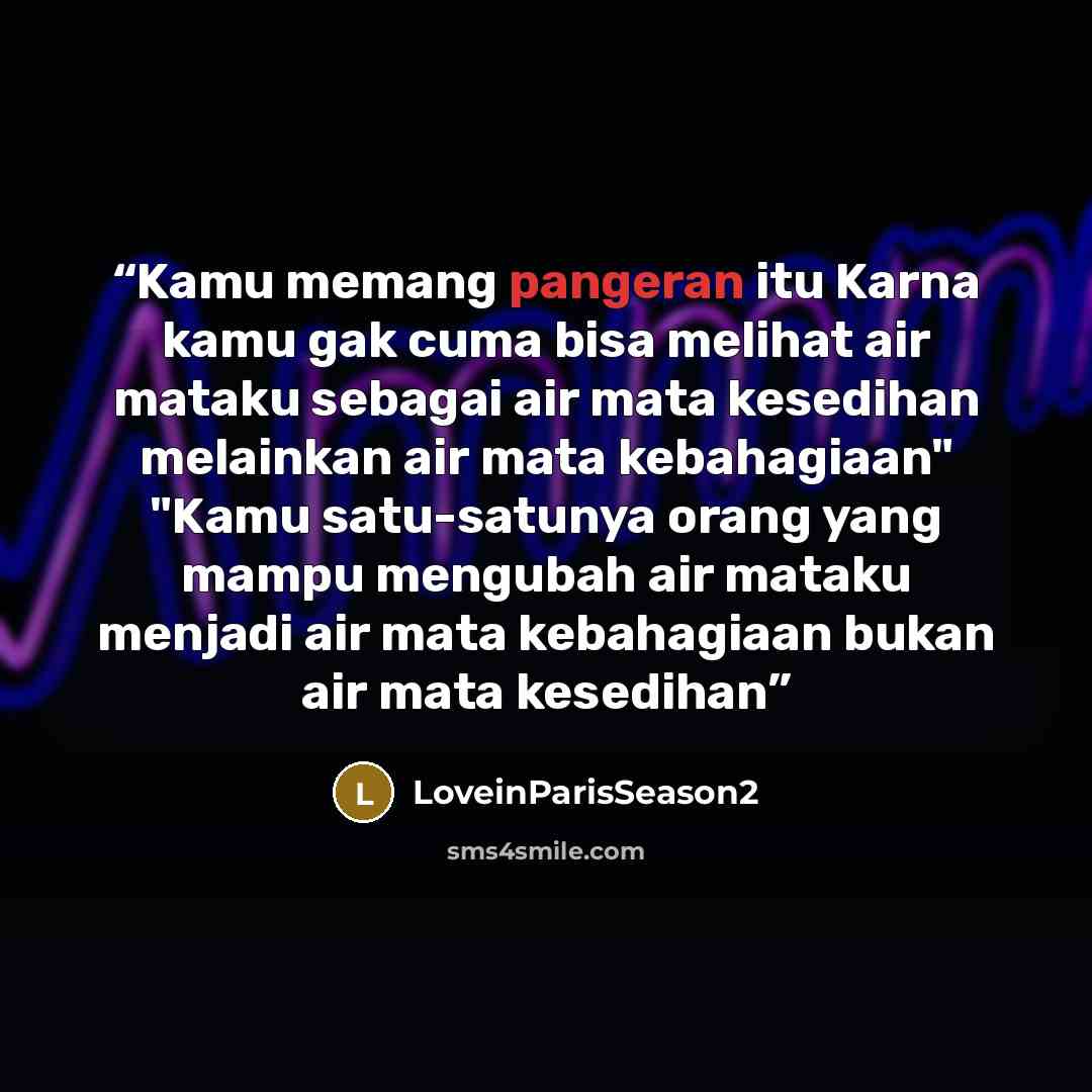 “Kamu memang pangeran itu Karna kamu gak cuma bisa melihat air mataku sebagai air mata kesedihan melainkan air mata kebahagiaan" "Kamu satu-satunya orang yang mampu mengubah air mataku menjadi air mata kebahagiaan bukan air mata kesedihan” quote by LoveinParisSeason2