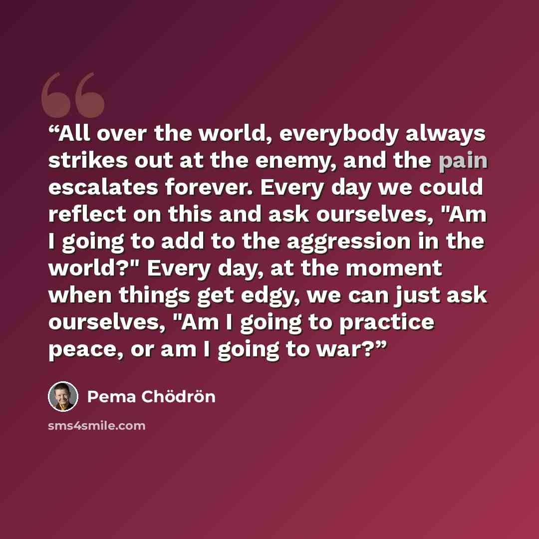 “All over the world, everybody always strikes out at the enemy, and the pain escalates forever. Every day we could reflect on this and ask ourselves, "Am I going to add to the aggression in the world?" Every day, at the moment when things get edgy, we can just ask ourselves, "Am I going to practice…” quote by Pema Chödrön