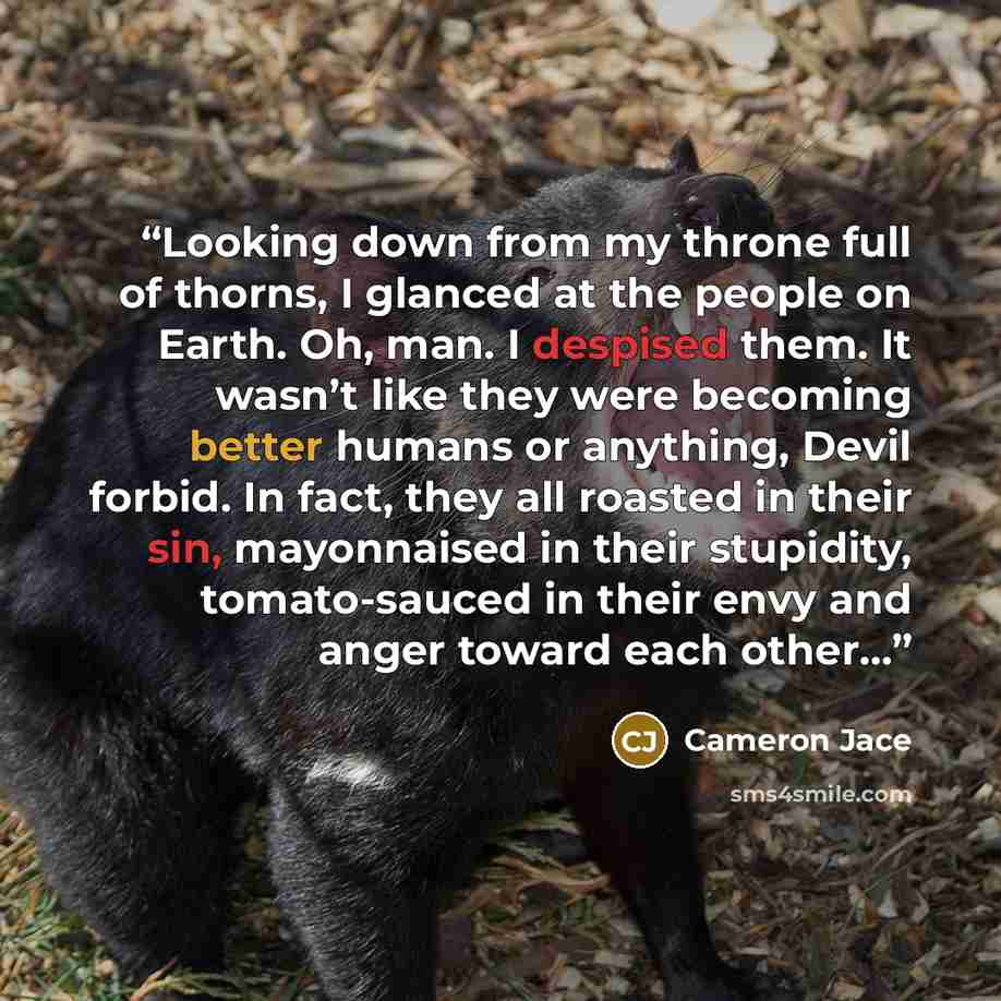 “Looking down from my throne full of thorns, I glanced at the people on Earth. Oh, man. I despised them. It wasn’t like they were becoming better humans or anything, Devil forbid. In fact, they all roasted in their sin, mayonnaised in their stupidity, tomato-sauced in their envy and anger toward…” quote by Cameron Jace